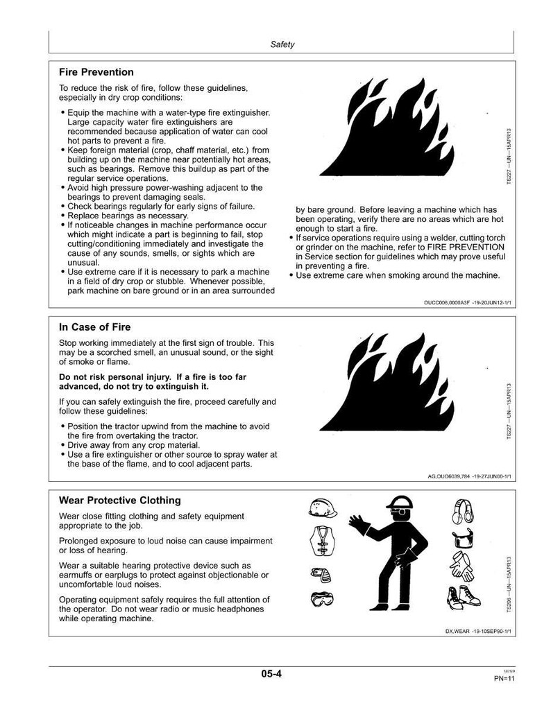 May include: Safety guidelines document with illustrations. Includes fire prevention steps, instructions for fire incidents, and protective clothing advice. Features a black flame graphic and a stick figure wearing safety gear.