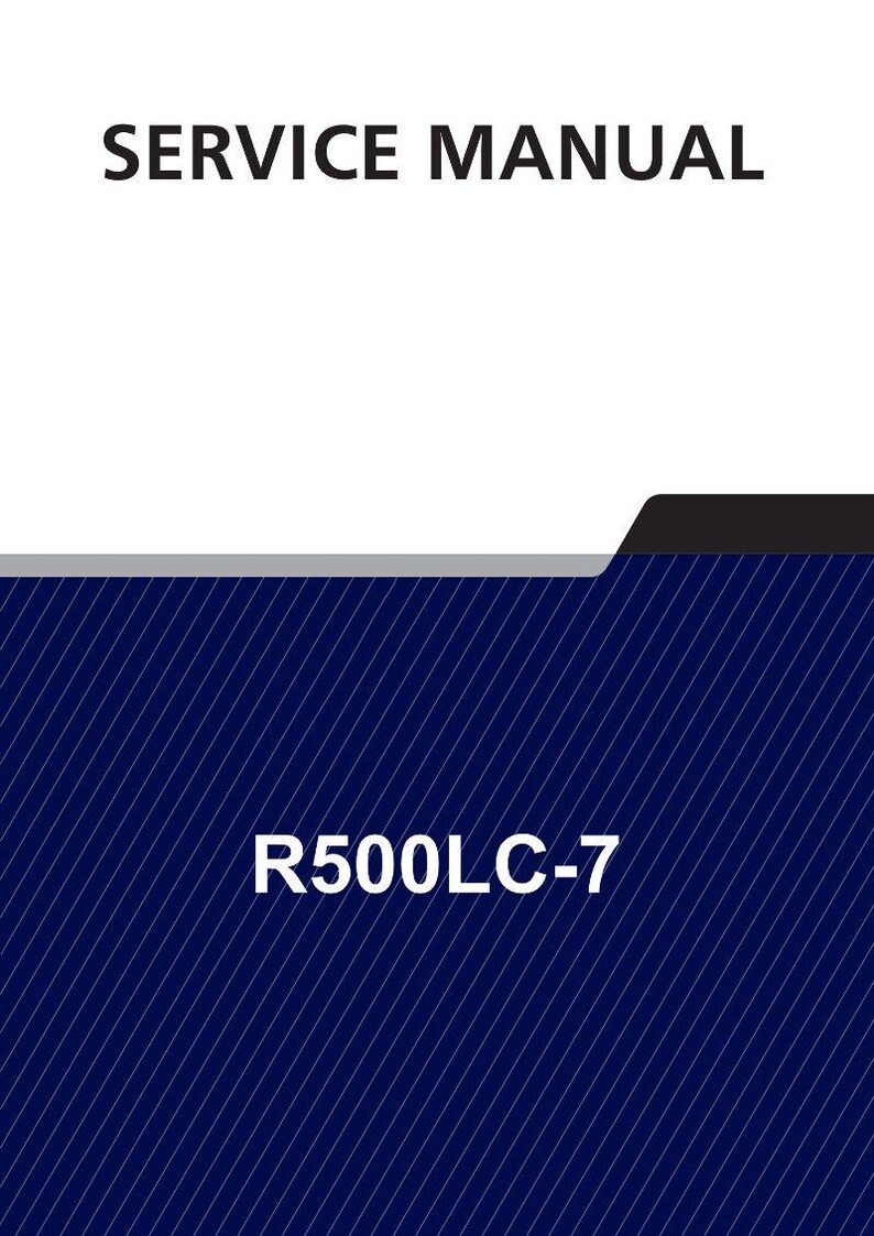 May include: A service manual with the text "SERVICE MANUAL" in large, bold, black letters at the top. Below, a dark blue background with diagonal white lines and the text "R500LC-7" in white.