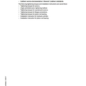 May include: A white document with the title "Standards and regulations" and a list of technical instructions. The Liebherr logo is at the bottom. The document includes text about tightening torques and installation instructions.