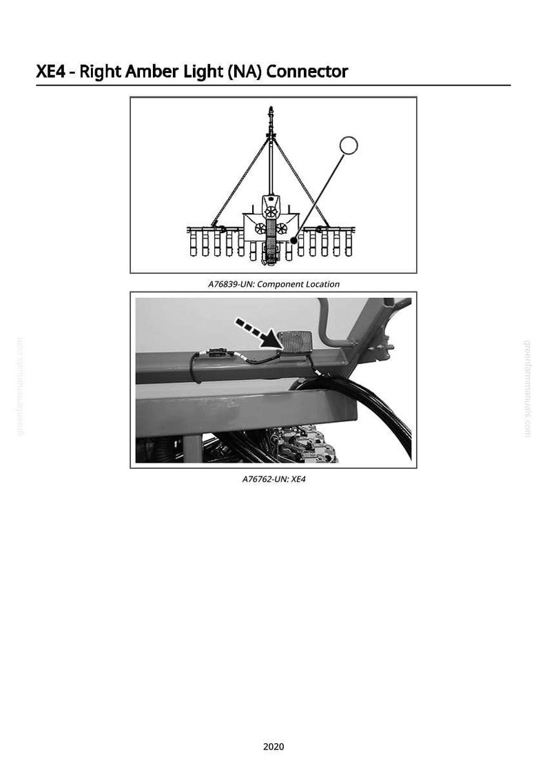 May include: Diagram of the XE4 Right Amber Light (NA) Connector, showing component location and a close-up of the connector. The image includes the text "XE4 - Right Amber Light (NA) Connector" and "A76839-UN: Component Location".
