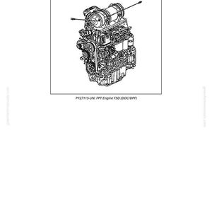 May include: Detailed line drawing of an engine, labeled "General Information - Engine Overview." The engine is complex, with various components visible. Text at the bottom reads "PY27115-UN: FPT Engine F5D (DOC/DPF)."