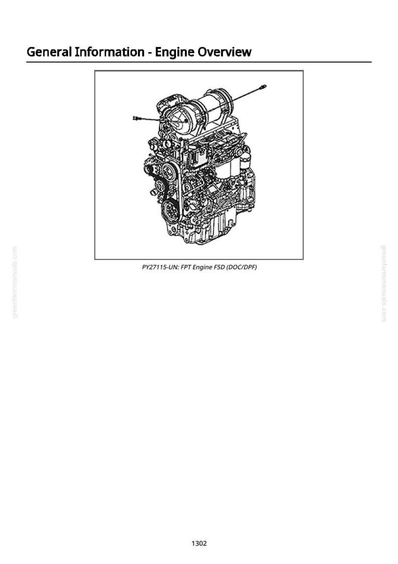May include: Detailed line drawing of an engine, labeled "General Information - Engine Overview." The engine is complex, with various components visible. Text at the bottom reads "PY27115-UN: FPT Engine F5D (DOC/DPF)."