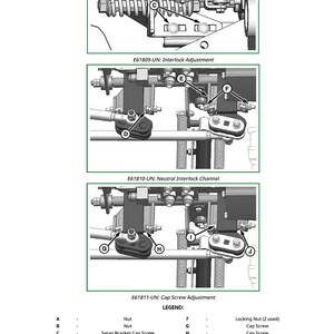 Puede incluir: Diagrama de componentes mec&aacute;nicos con etiquetas y anotaciones. La imagen incluye primeros planos de piezas etiquetadas de la A a la J, con texto que indica "Interlock Adjustment", "Neutral Interlock Channel" y "Cap Screw Adjustment". Una leyenda proporciona los nombres de las piezas.