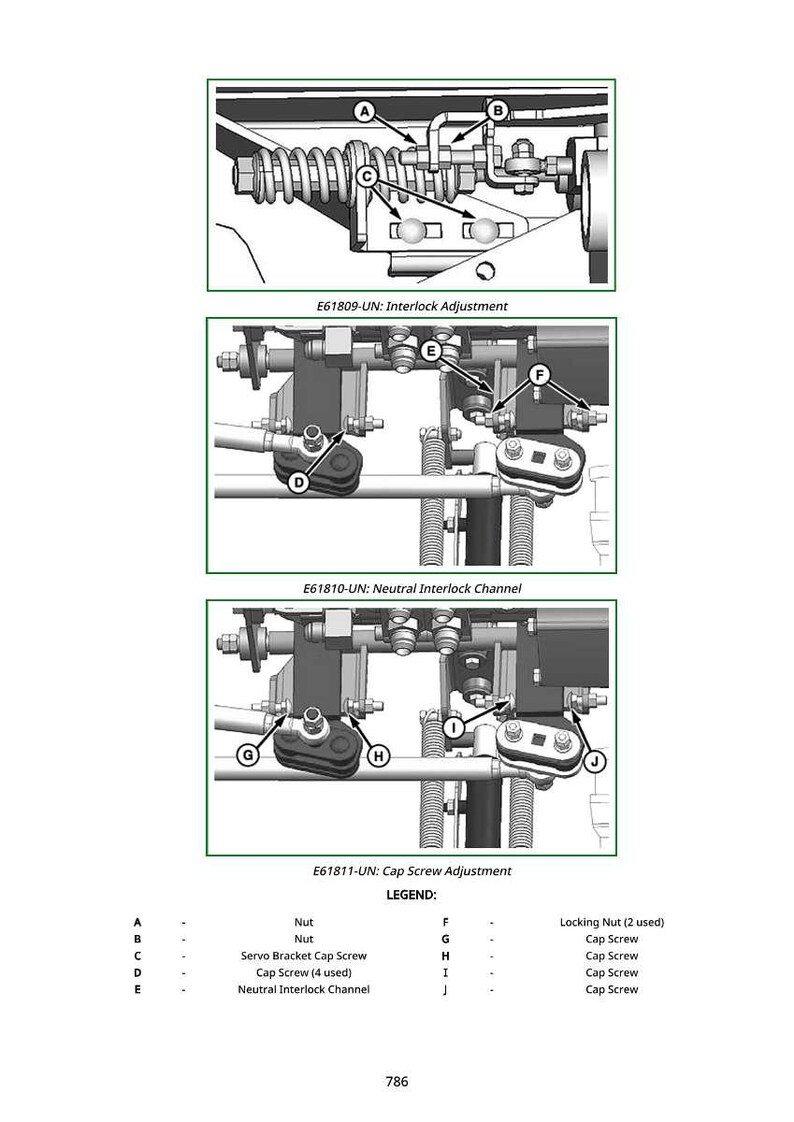 Puede incluir: Diagrama de componentes mec&aacute;nicos con etiquetas y anotaciones. La imagen incluye primeros planos de piezas etiquetadas de la A a la J, con texto que indica "Interlock Adjustment", "Neutral Interlock Channel" y "Cap Screw Adjustment". Una leyenda proporciona los nombres de las piezas.