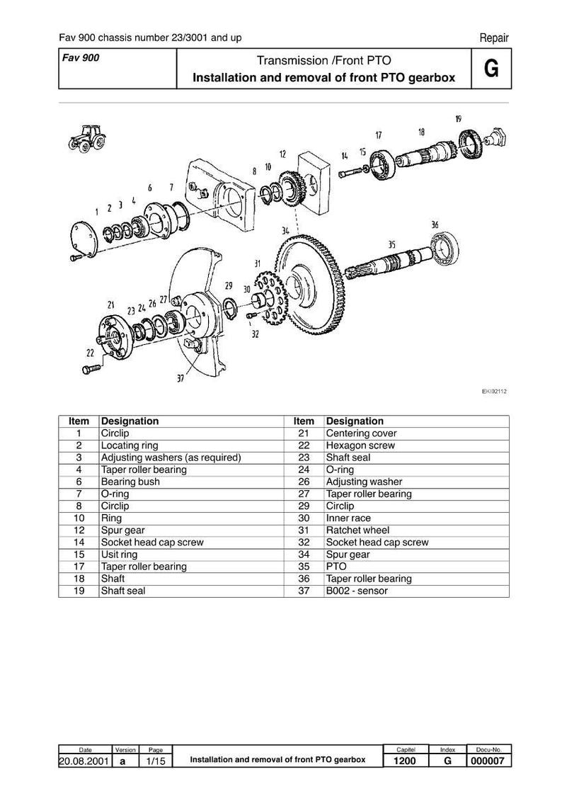 May include: Technical diagram illustrating the installation and removal of a Fav 900 front PTO gearbox. Features labelled components such as circlips, bearings, and gears. Text includes "Fav 900 chassis number 23/3001 and up".