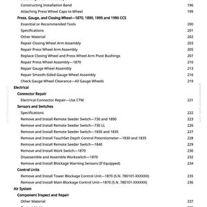 K&ouml;nnte beinhalten: Ein detailliertes Inhaltsverzeichnis aus einem Handbuch mit verschiedenen Reparatur- und Installationsverfahren f&uuml;r landwirtschaftliche Ger&auml;te. Der Text ist schwarz auf wei&szlig;em Hintergrund, mit Seitenzahlen rechts.