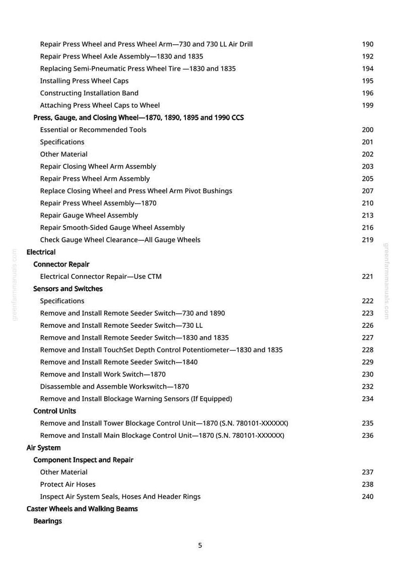 K&ouml;nnte beinhalten: Ein detailliertes Inhaltsverzeichnis aus einem Handbuch mit verschiedenen Reparatur- und Installationsverfahren f&uuml;r landwirtschaftliche Ger&auml;te. Der Text ist schwarz auf wei&szlig;em Hintergrund, mit Seitenzahlen rechts.