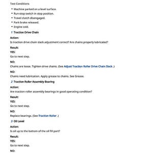 May include: A page from a manual titled "Noisy Operation" with troubleshooting steps for a machine. The text includes test conditions, and instructions for traction drive chain, roller assembly bearing, oil level, and differential gear case shaft bearings.