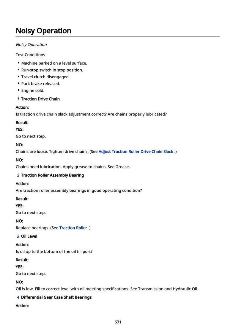 May include: A page from a manual titled "Noisy Operation" with troubleshooting steps for a machine. The text includes test conditions, and instructions for traction drive chain, roller assembly bearing, oil level, and differential gear case shaft bearings.