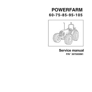 Może przedstawiać: Czarno-biała okładka instrukcji serwisowej do ciągnika Powerfarm. Okładka zawiera ilustrację ciągnika, numery modeli 60-75-85-95-105 oraz logo Landini.