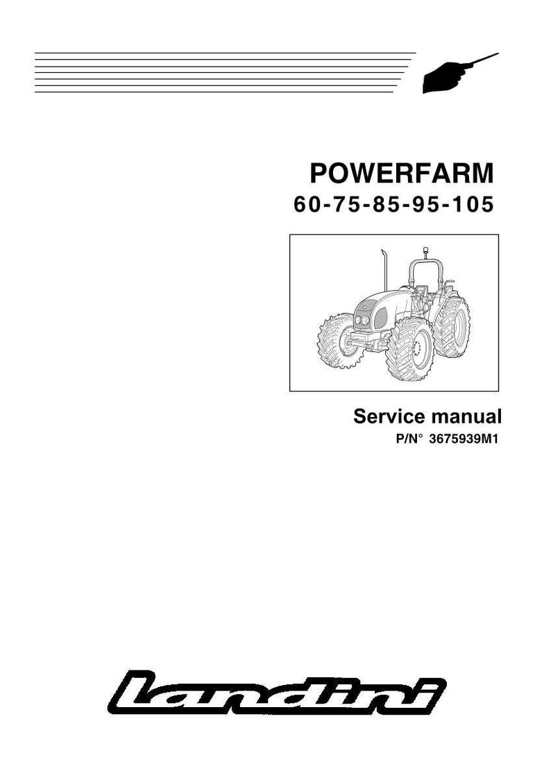 Może przedstawiać: Czarno-biała okładka instrukcji serwisowej do ciągnika Powerfarm. Okładka zawiera ilustrację ciągnika, numery modeli 60-75-85-95-105 oraz logo Landini.