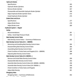 May include: A manual page detailing instructions for hydraulic brakes, brake shoes, and bale density control valves. The text is black on a white background, with page numbers on the right.