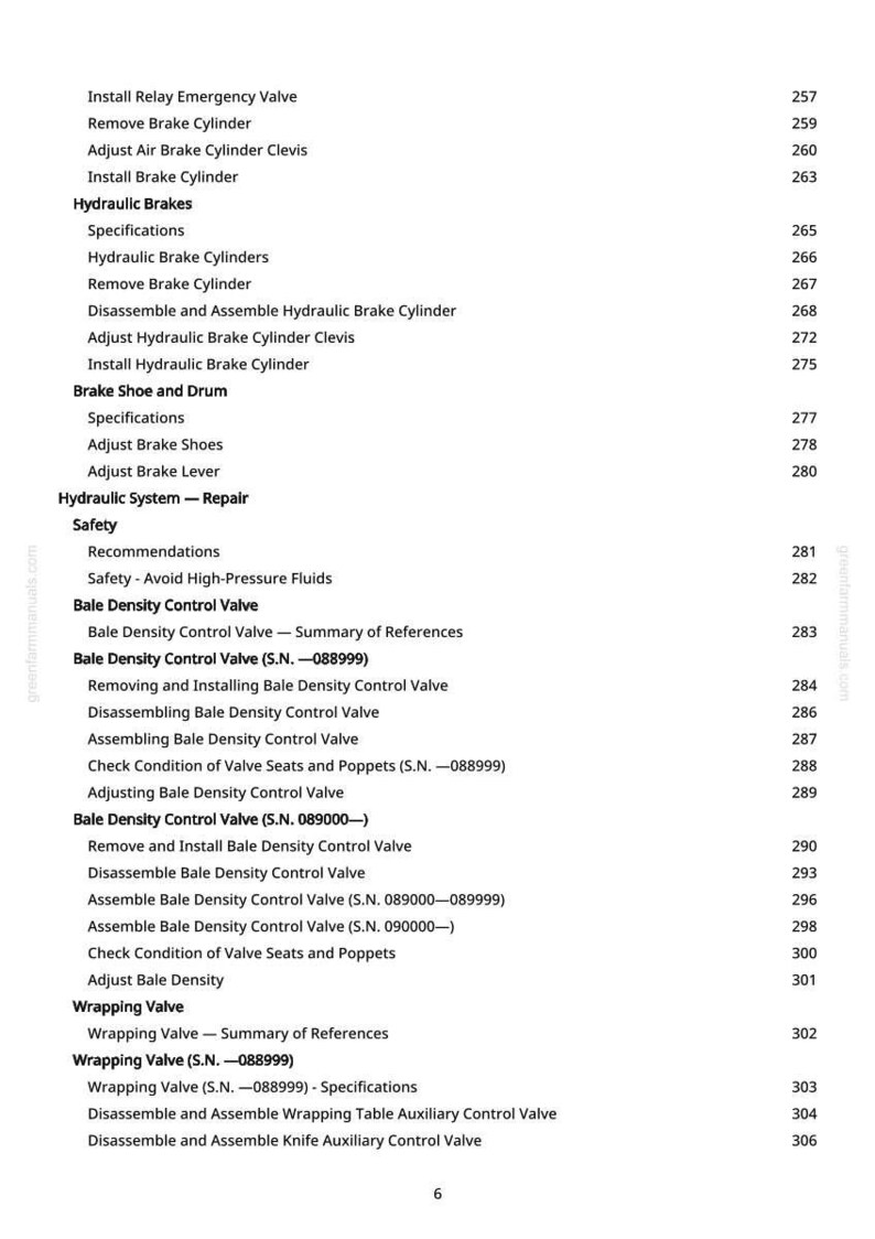 May include: A manual page detailing instructions for hydraulic brakes, brake shoes, and bale density control valves. The text is black on a white background, with page numbers on the right.