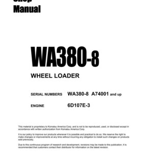 Puede incluir: Un manual de taller blanco con texto negro. El t&iacute;tulo "WA380-8 WHEEL LOADER" se muestra de forma destacada. El texto adicional incluye n&uacute;meros de serie, detalles del motor e informaci&oacute;n de derechos de autor de Komatsu America Corp.