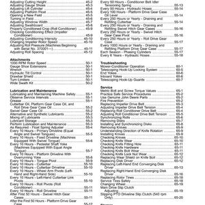 May include: A detailed table of contents from a manual, listing maintenance and service procedures for agricultural machinery. Includes topics like lubrication, adjustments, and troubleshooting, with page numbers for easy reference.