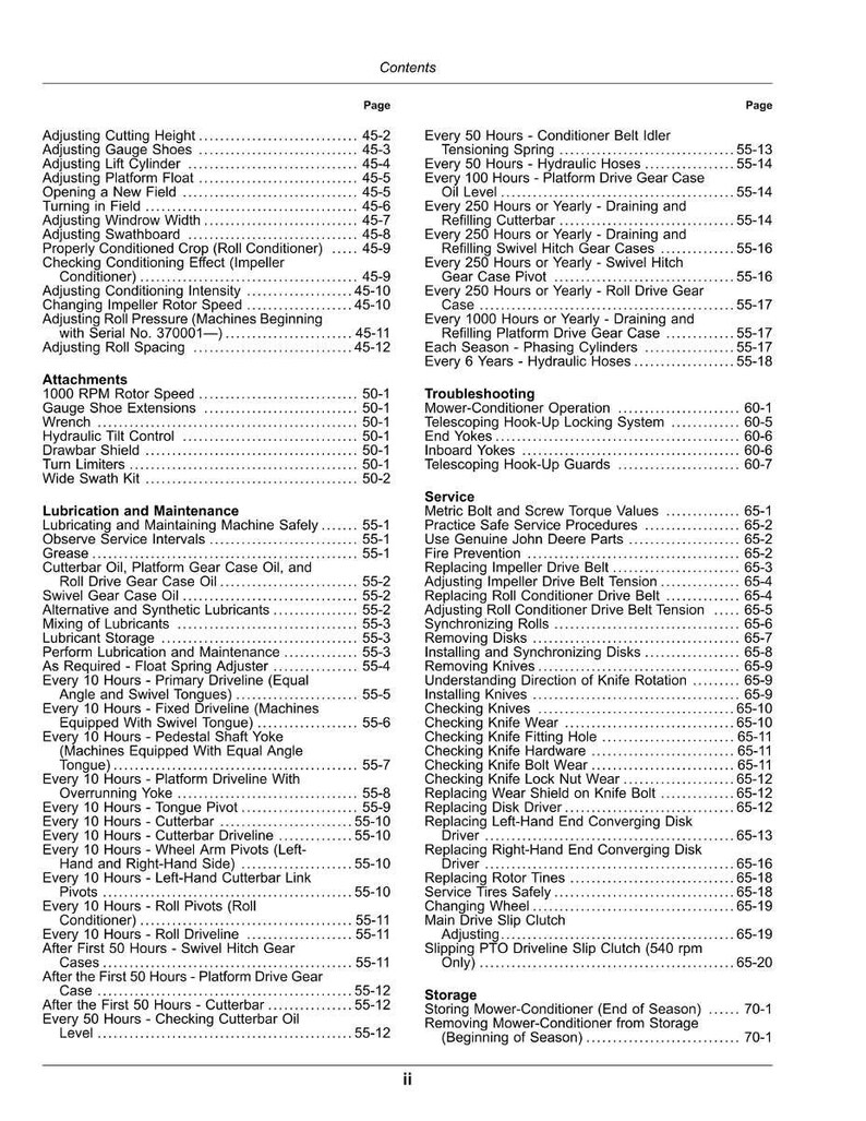 May include: A detailed table of contents from a manual, listing maintenance and service procedures for agricultural machinery. Includes topics like lubrication, adjustments, and troubleshooting, with page numbers for easy reference.