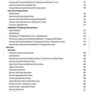 May include: A page from a manual with a table of contents for agricultural machinery. The text includes sections on slip clutches, auger drives, and chopping heads. The page numbers are listed on the right.