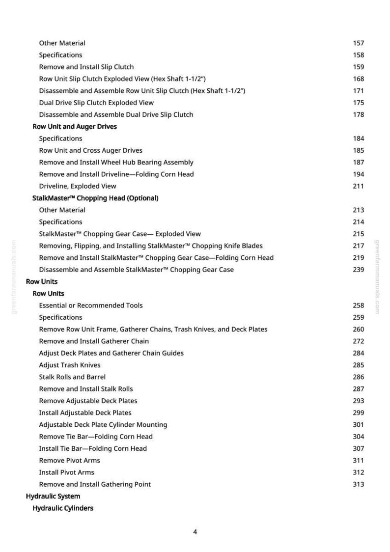 May include: A page from a manual with a table of contents for agricultural machinery. The text includes sections on slip clutches, auger drives, and chopping heads. The page numbers are listed on the right.