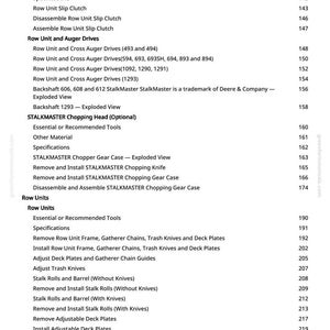 May include: A detailed contents page from a manual, with sections such as "Row Unit and Auger Drives" and "STALKMASTER Chopping Head (Optional)." Page numbers are on the right.
