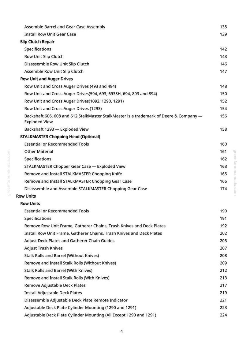 May include: A detailed contents page from a manual, with sections such as "Row Unit and Auger Drives" and "STALKMASTER Chopping Head (Optional)." Page numbers are on the right.