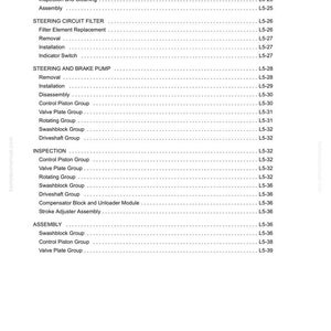 May include: A detailed technical manual page with a table of contents for steering component repair. The text includes sections on steering cylinders, circuit filters, brake pumps, inspection, and assembly. The page is white with black text.