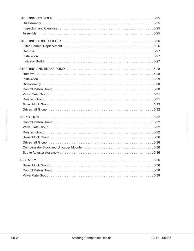 May include: A detailed technical manual page with a table of contents for steering component repair. The text includes sections on steering cylinders, circuit filters, brake pumps, inspection, and assembly. The page is white with black text.
