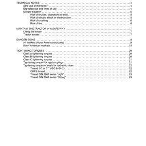 May include: A page from a tractor manual with the title "CONTENTS". The table of contents lists topics such as "Technical Notes", "Danger Signs", and "Tightening Torques". The manual is labeled "SECTION 1001".