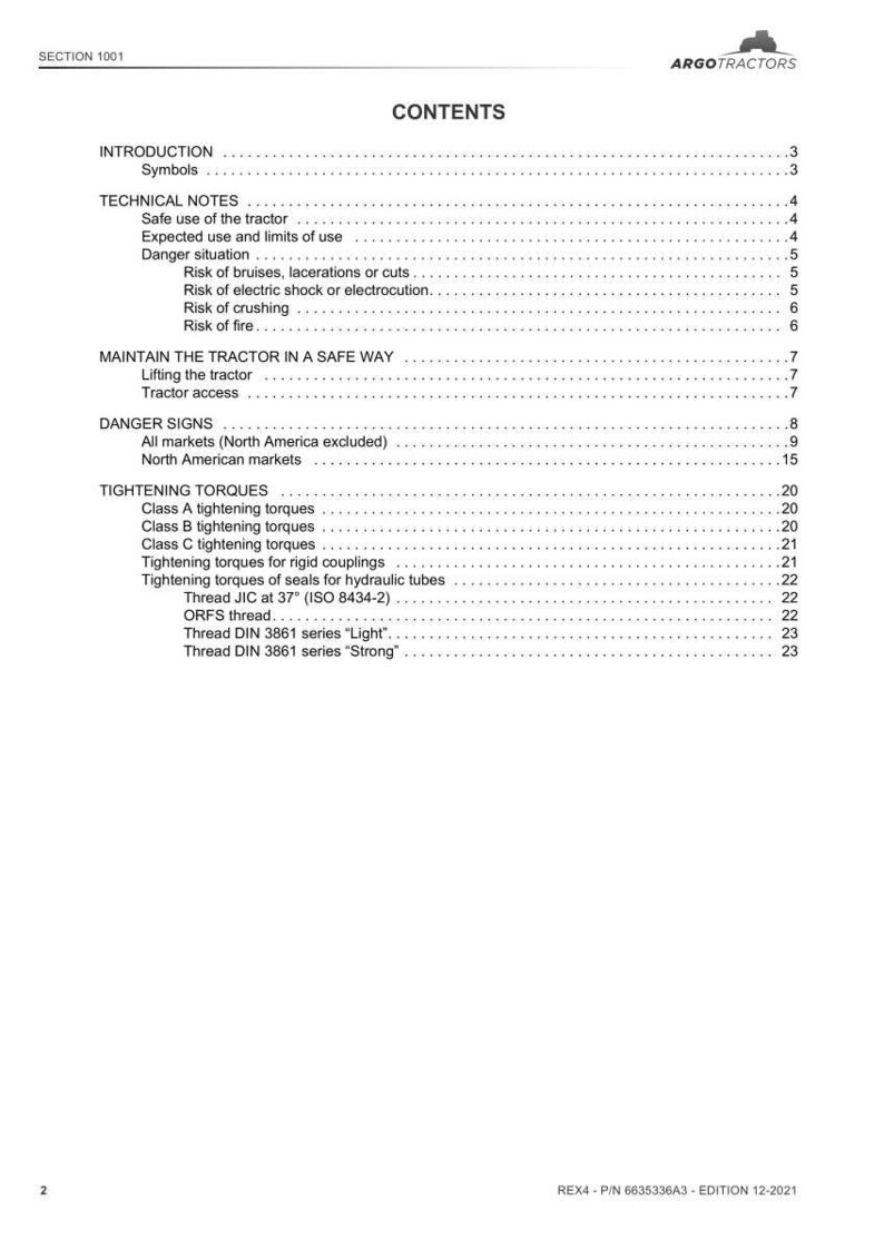May include: A page from a tractor manual with the title "CONTENTS". The table of contents lists topics such as "Technical Notes", "Danger Signs", and "Tightening Torques". The manual is labeled "SECTION 1001".