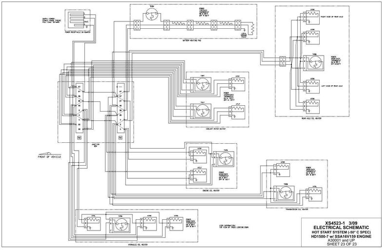 May include: Black and white electrical schematic diagram with various components and wiring. The diagram includes text labels and symbols, illustrating the hot start system for an HD1500-7 engine. The schematic is labeled as sheet 23 of 23.