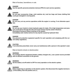 May include: A white document with black text detailing safety warnings for Argo Tractors. Warnings include risks of injury, and instructions for safe operation, such as using PPE and disconnecting the battery. The document is labeled "Hazardous situations."