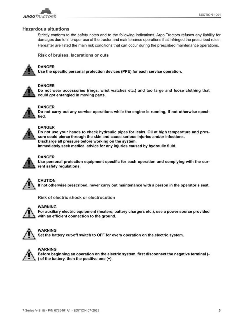 May include: A white document with black text detailing safety warnings for Argo Tractors. Warnings include risks of injury, and instructions for safe operation, such as using PPE and disconnecting the battery. The document is labeled "Hazardous situations."