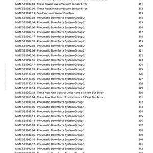 May include: A page from a manual with a list of technical specifications and error codes, including "Seed Sensor" and "Vacuum Sensor" issues. The document is printed in black text on white paper.