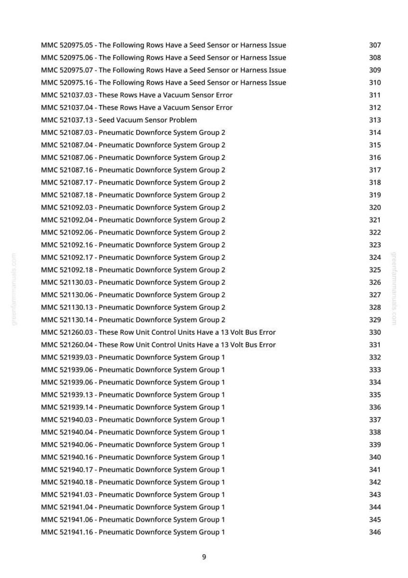 May include: A page from a manual with a list of technical specifications and error codes, including "Seed Sensor" and "Vacuum Sensor" issues. The document is printed in black text on white paper.