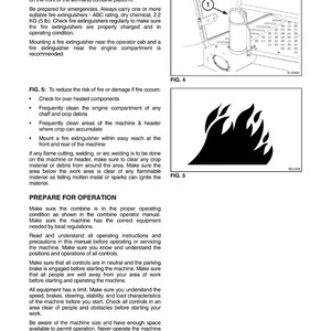 May include: A page from a safety manual with instructions on fire prevention and first aid for machinery. Includes diagrams of a fire extinguisher and a flame symbol. Text details emergency procedures and equipment.
