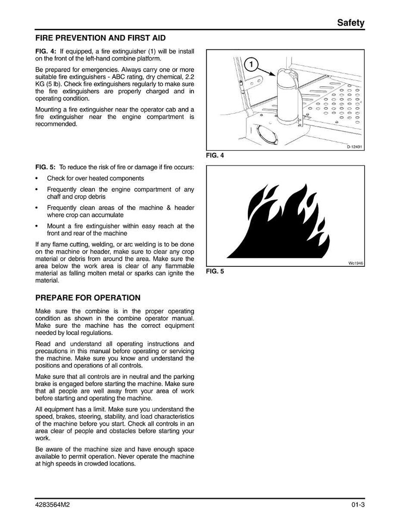 May include: A page from a safety manual with instructions on fire prevention and first aid for machinery. Includes diagrams of a fire extinguisher and a flame symbol. Text details emergency procedures and equipment.