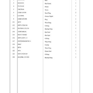 May include: A detailed table of mechanical parts, including 'Body', 'Rod', 'Piston', and 'Screw'. The document lists part numbers, part names, and quantities. The text is in black font on a white background.