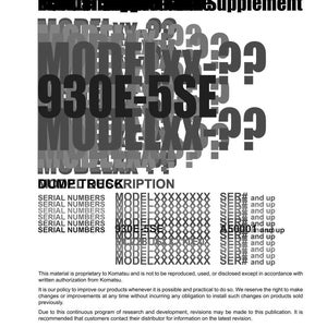 Puede incluir: Documento blanco con texto negro, incluyendo "Original Instructions Supplement" y "930E-5SE". El logotipo de Komatsu est&aacute; en la parte inferior. El texto incluye n&uacute;meros de serie y de modelo.