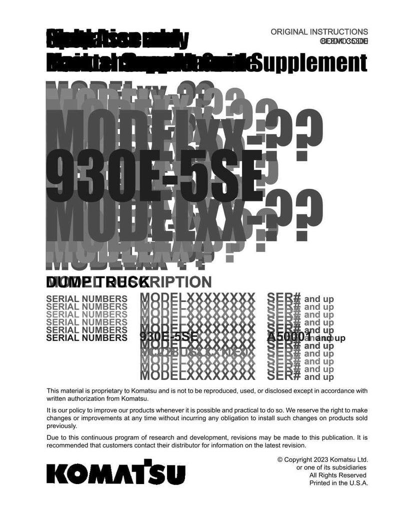 Puede incluir: Documento blanco con texto negro, incluyendo "Original Instructions Supplement" y "930E-5SE". El logotipo de Komatsu est&aacute; en la parte inferior. El texto incluye n&uacute;meros de serie y de modelo.