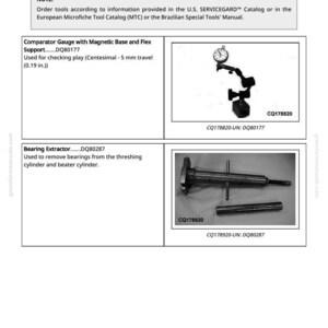 May include: Image of essential tools, including a comparator gauge with magnetic base and flex support, and a bearing extractor. The comparator gauge is used for checking play with 0.19 in. travel. The bearing extractor removes bearings.
