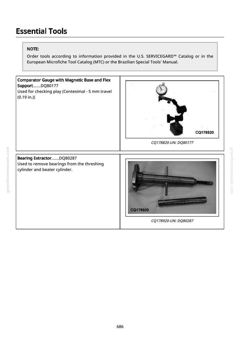 May include: Image of essential tools, including a comparator gauge with magnetic base and flex support, and a bearing extractor. The comparator gauge is used for checking play with 0.19 in. travel. The bearing extractor removes bearings.