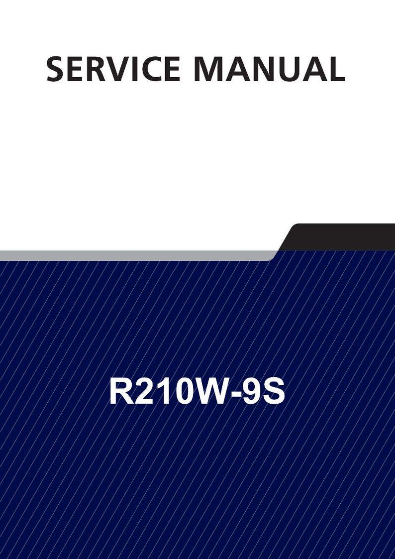 May include: A document titled "SERVICE MANUAL" with the model number "R210W-9S". The background features a dark blue diagonal striped pattern with a black and gray accent.