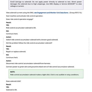 May include: A page from a manual detailing the Ride Control Accumulator Solenoid (Y7). The text provides instructions on testing and troubleshooting the solenoid, including actions and results. The page includes a note about a light clicking sound.