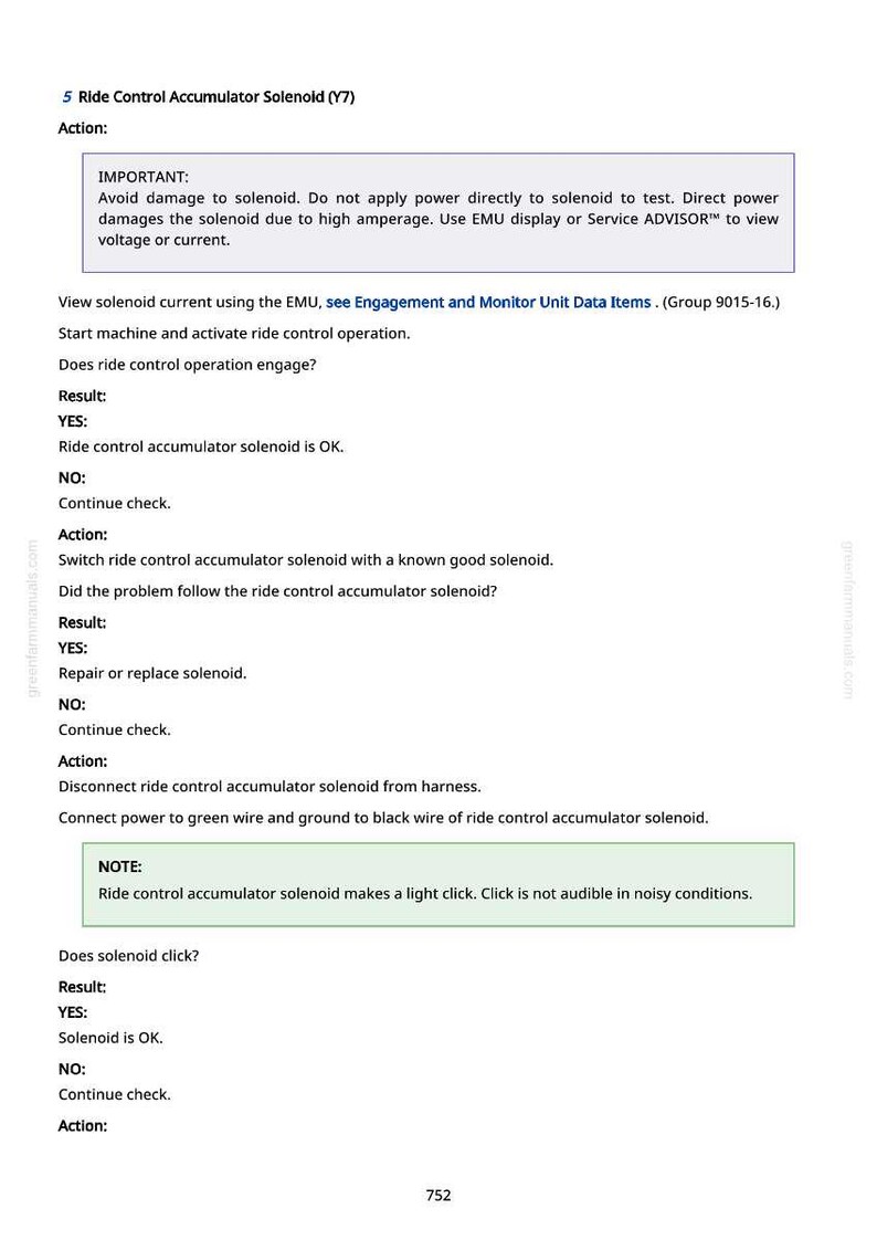 May include: A page from a manual detailing the Ride Control Accumulator Solenoid (Y7). The text provides instructions on testing and troubleshooting the solenoid, including actions and results. The page includes a note about a light clicking sound.