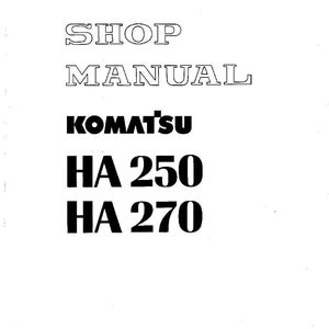 May include: A white shop manual cover with the text "SHOP MANUAL" in a bold, outlined font. Below, the KOMATSU logo is displayed, followed by "HA 250 HA 270" in a large, bold font. The manual's code is SEBMHA250104.