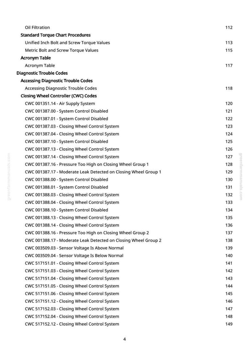 May include: A white page with a table of contents for automotive diagnostic procedures. The document includes sections on oil filtration, torque charts, acronyms, and diagnostic trouble codes, with page numbers listed.