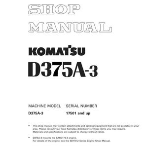 May include: A white shop manual for a Komatsu D375A-3 machine. The cover features the text "SHOP MANUAL" in a bold, outlined font, with the Komatsu logo and model number prominently displayed. Includes the machine model and serial number.