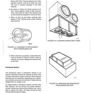 May include: Diagrams illustrating air cleaner maintenance procedures. Includes instructions for cleaning filter elements with compressed air, cleaning Donaclone tubes, and washing the precleaner section. Text includes safety information and part numbers.