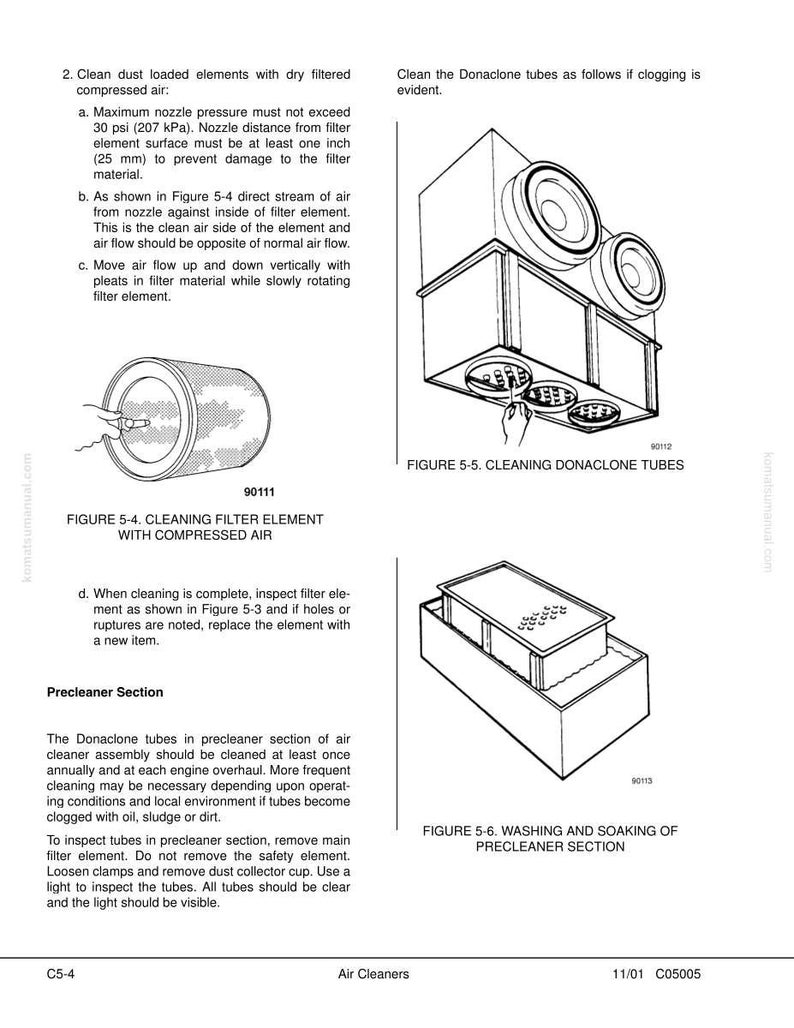 May include: Diagrams illustrating air cleaner maintenance procedures. Includes instructions for cleaning filter elements with compressed air, cleaning Donaclone tubes, and washing the precleaner section. Text includes safety information and part numbers.