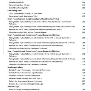 Op de afbeelding: Een pagina uit een handleiding met een lijst van technische termen en hun bijbehorende paginanummers. De tekst bevat termen met betrekking tot hydraulische cilinders, schuifafsluiters en roterende hydraulische voedingscomponenten. De pagina is wit met zwarte tekst.