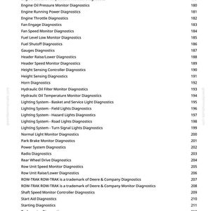 Puede incluir: Una p&aacute;gina de manual con una lista de diagn&oacute;sticos para varios sistemas, incluyendo motor, iluminaci&oacute;n y componentes hidr&aacute;ulicos. El texto es negro sobre fondo blanco, con n&uacute;meros de p&aacute;gina a la derecha.
